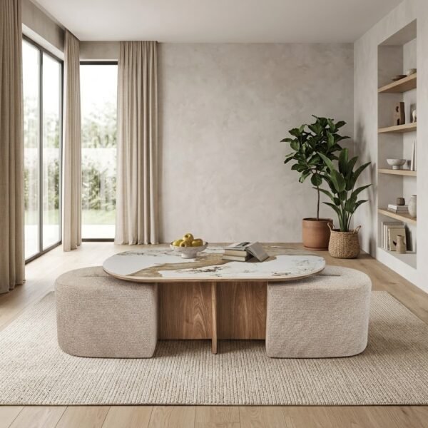 Table de salon Evora avec 2 poufs